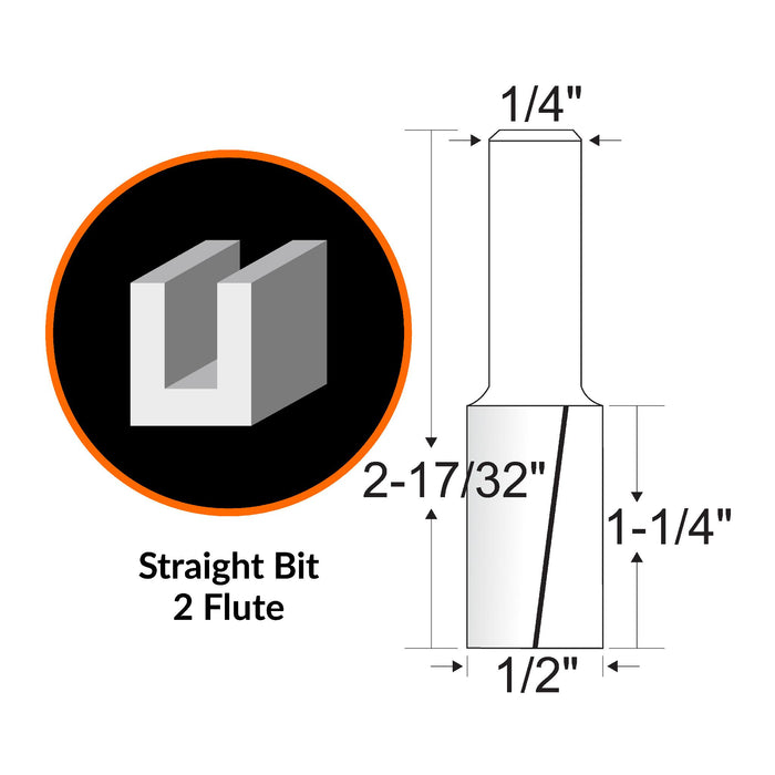 WEN RB108FF 1/2 in. Straight 2-Flute Carbide-Tipped Router Bit with 1/4 in. Shank and 1-1/4 in. Cutting Length