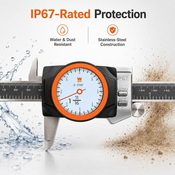 WEN 10767D 6-Inch Stainless Steel Digital Dial Caliper with LED Readout, Smart Functionality, and Storage Case, IP67 Rated