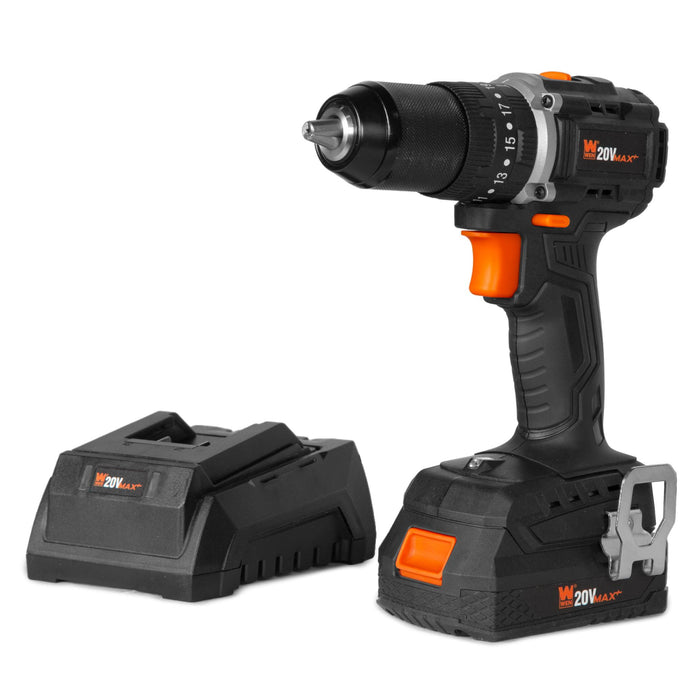 WEN 20121 20V Max Brushless Cordless 1/2-Inch Hammer Drill and Driver with 2.0 Ah Lithium-Ion Battery and Charger