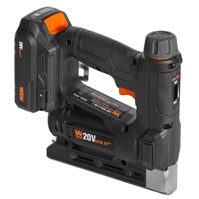 WEN 20538 20V Max Cordless 2-in-1 18-Gauge Brad Nailer and T50 Crown Stapler with 2.0Ah Battery and Charger