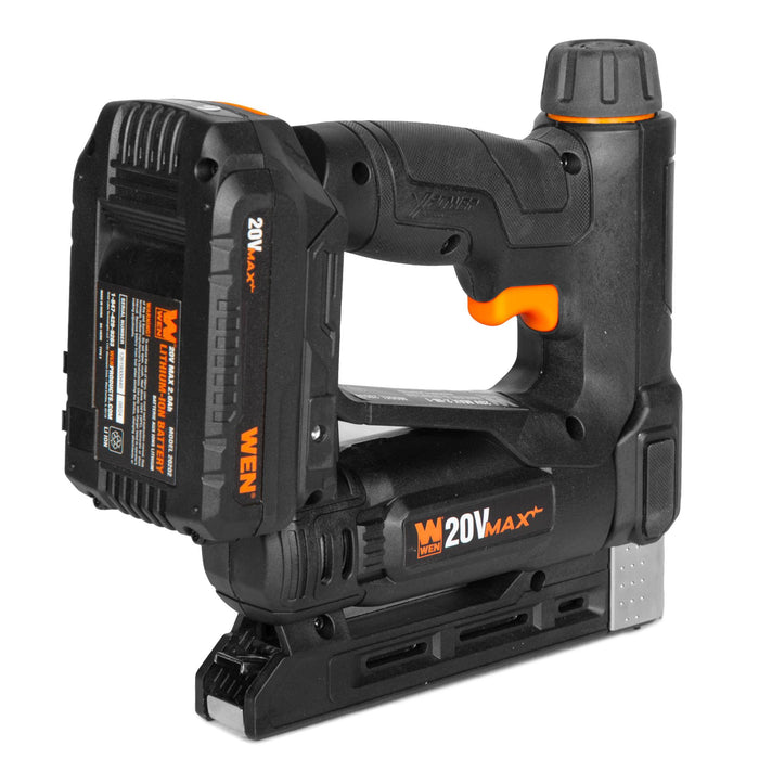 WEN 20539 20V Max Cordless 2-in-1 18-Gauge Brad Nailer and T50 Crown Stapler with 2.0Ah Battery and Charger