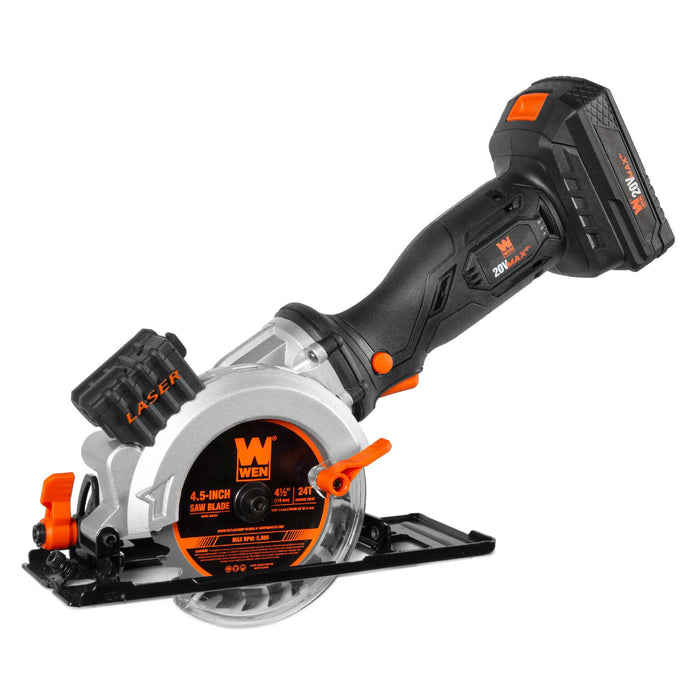 WEN 20604 20V Max 4-1/2-Inch Cordless Mini Circular Saw with 2.0Ah Battery and Charger