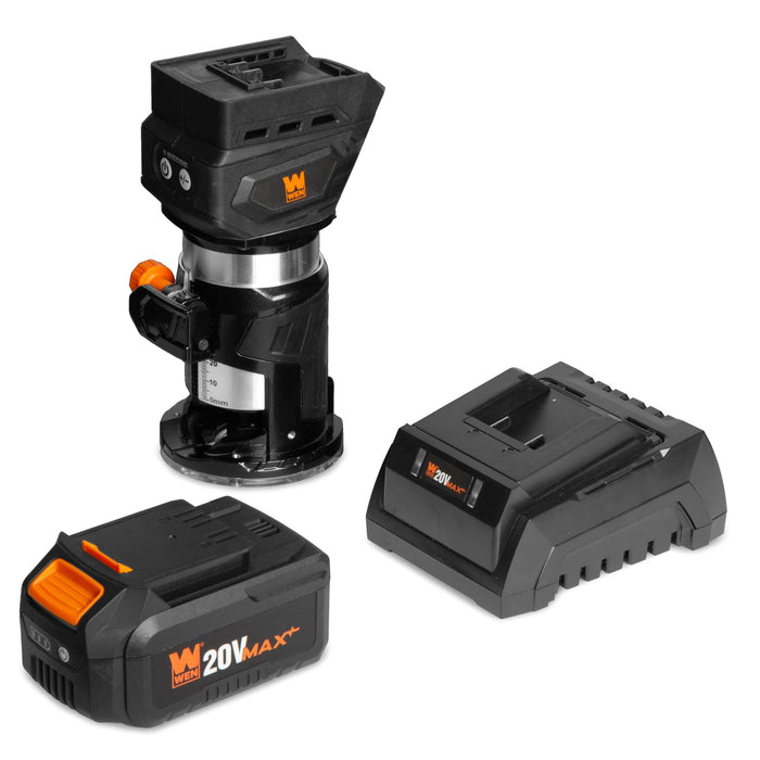 WEN 20610 20V Max Cordless Brushless Compact Trim Router with Fixed Base, 4Ah Lithium-Ion Battery, and Charger