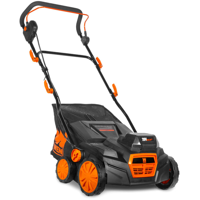 WEN 20716 20V Max Cordless 15-Inch 2-in-1 Brushless Electric Dethatcher and Scarifier with Collection Bag