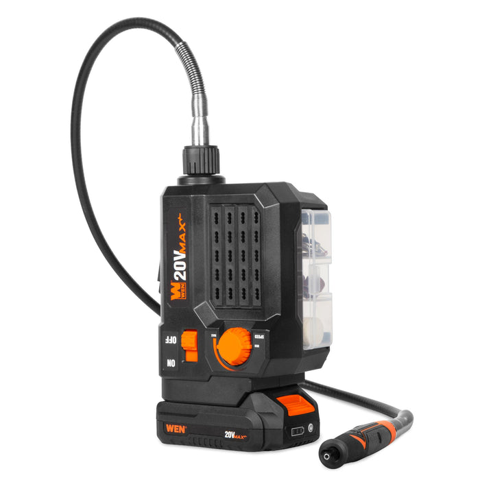 WEN 20923 20V Max Cordless Variable Speed Rotary Tool Station with Flex Shaft, 40 Accessories, 2Ah Li-Ion Battery, and Charger