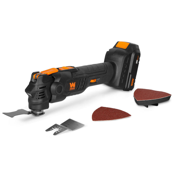 WEN 20936 20V Max Cordless Brushless Variable Speed Multi-Function Oscillating Tool with Anti-Vibration System, Accessories, 2.0Ah Li-Ion Battery, and Charger