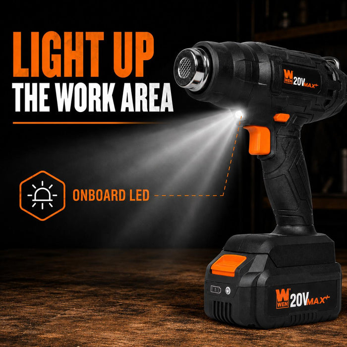 WEN 20955 20V Max Cordless Compact Dual-Temperature Heat Gun with 4Ah Li-Ion Battery and Charger