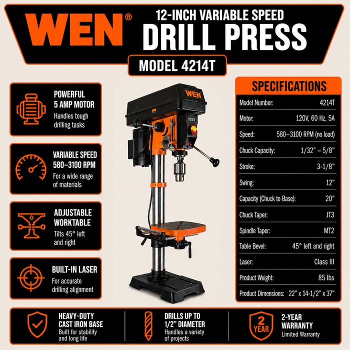 WEN 4214T 5-Amp 12-Inch Variable Speed Cast Iron Benchtop Drill Press with Laser and Work Light