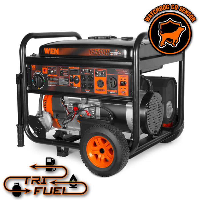 WEN TF-1450X 14,500-Watt 120V/240V Tri-Fuel Generator for Gas, Propane, and Natural Gas, Transfer-Switch Ready with Electric Start, Wheel Kit, and CO Watchdog