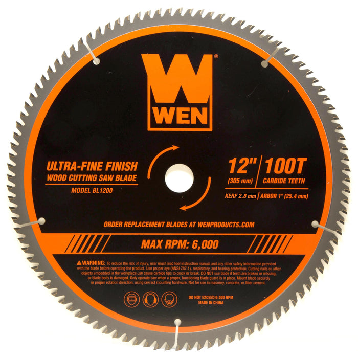 WEN BL1200 12-Inch 100-Tooth Carbide-Tipped Ultra-Fine Finish Professional Woodworking Saw Blade for Miter Saws and Table Saws