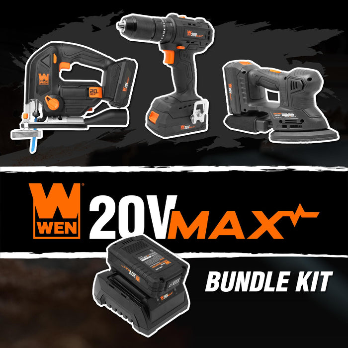 WEN Cordless Drill, Sander, and Jigsaw Bundle, Includes 20V MAX 2.0 Ah Battery and Charger