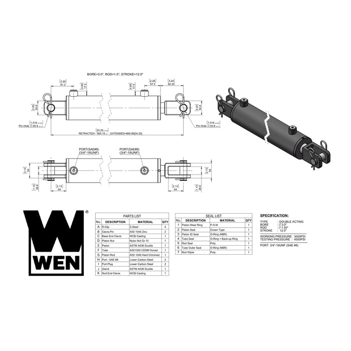 WEN CC-3012 Clevis Hydraulic Cylinder with 3-inch Bore and 12-inch Stroke