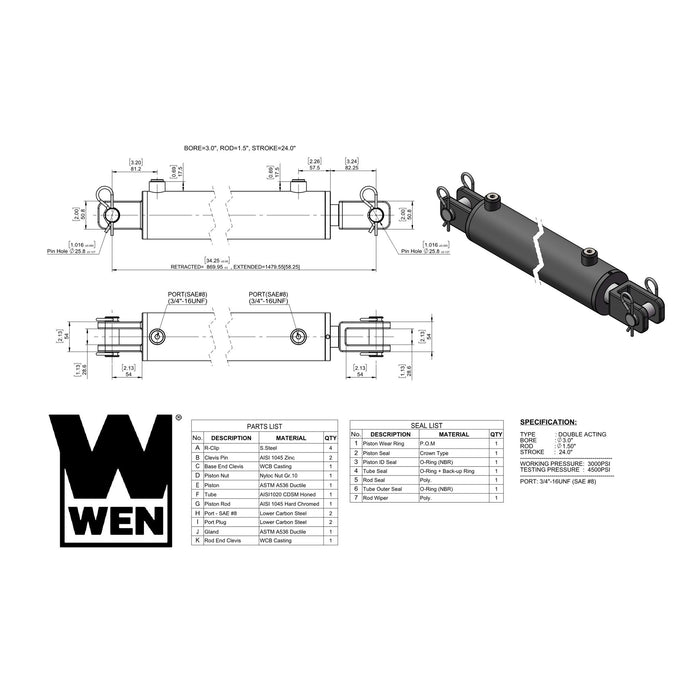 WEN CC-3024 Clevis Hydraulic Cylinder with 3-inch Bore and 24-inch Stroke