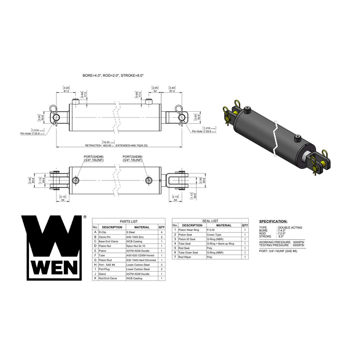 WEN CC-4008 Clevis Hydraulic Cylinder with 4-inch Bore and 8-inch Stroke