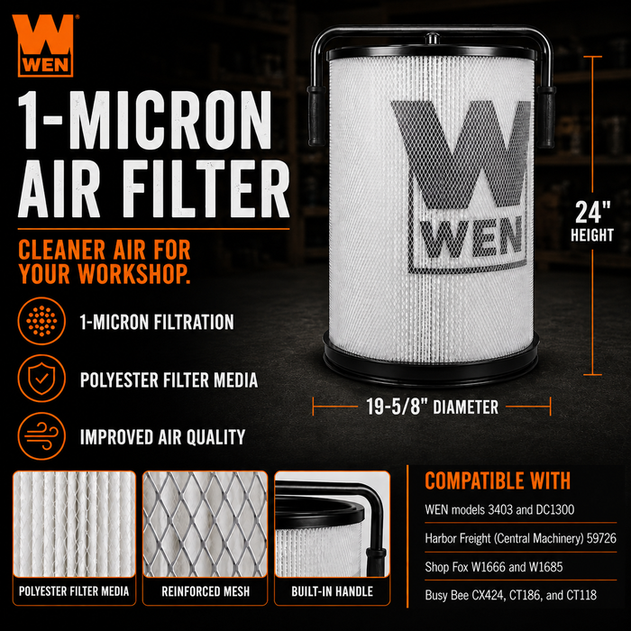 WEN DC1300-AF1 1-Micron Canister Filter Cartridge with Cleaning Paddles for Woodworking Dust Collectors