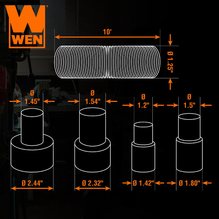 WEN DCA020 1.25-Inch by 10-Foot Dust Hose Kit with Fittings and Reducers