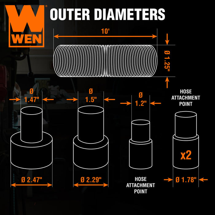 WEN DCA023 1.25-Inch by 10-Foot Dust Hose Kit with Fittings and Reducers