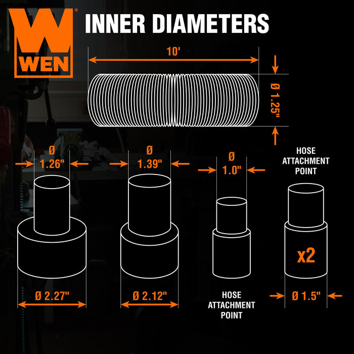 WEN DCA023 1.25-Inch by 10-Foot Dust Hose Kit with Fittings and Reducers