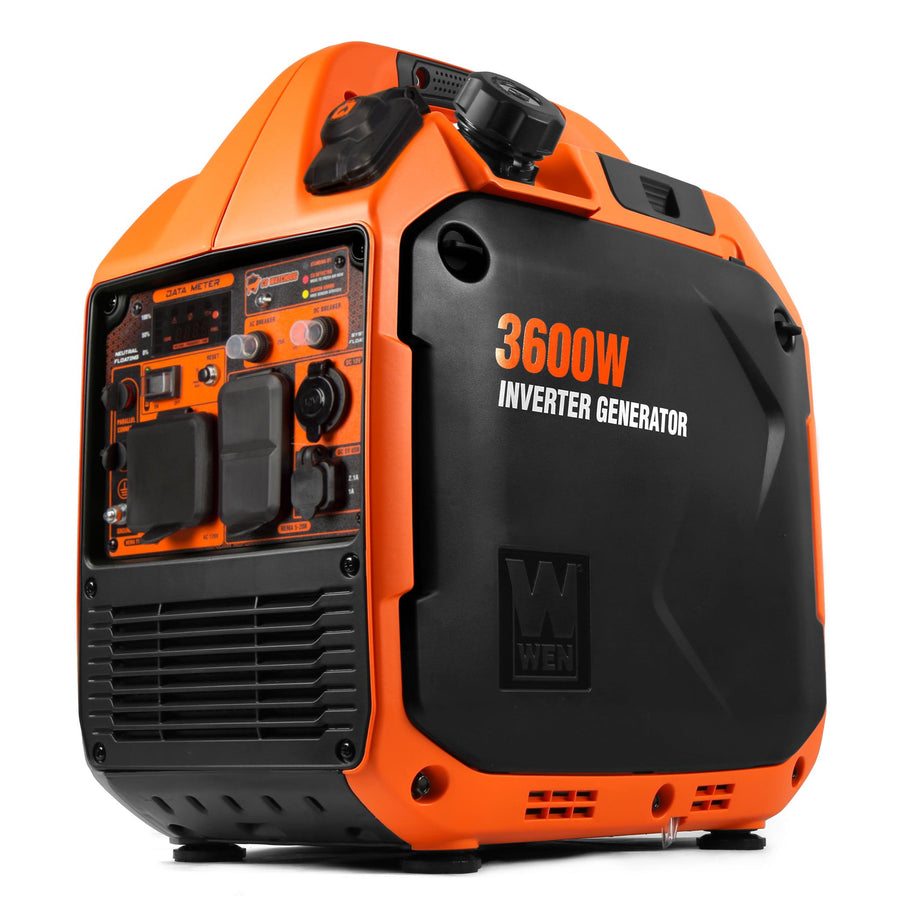 Orange-shelled enclosed inverter generator on white, angled to show the control panel: a segmented bar-graph load display and carbon-monoxide watchdog indicator lamps across the top, two AC breaker resets and a DC breaker, a covered household outlet pair and a covered twist-lock RV receptacle behind hinged rubber flaps, a DC socket and USB block, plus a parallel-connect terminal and ground lug at the lower left. A fuel filler cap and an LPG hose inlet sit on the top deck, a black louvred exhaust panel wraps the lower left corner, and the unit stands on four rubber feet.