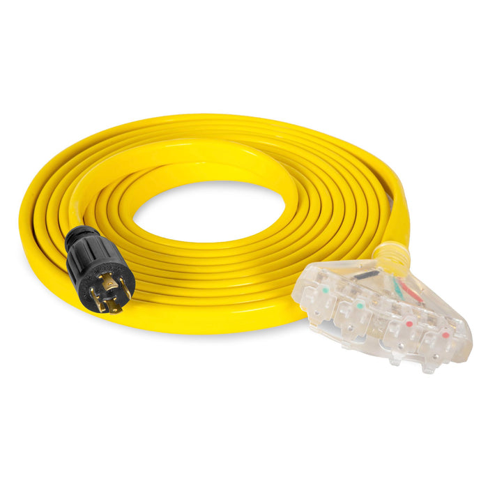 WEN PC1420F 125V/250V 30-Amp 10-Gauge Flattened Under-Door Generator Extension Cord Splitter, 25-Foot (converts L14-30R to four 5-20R outlets)