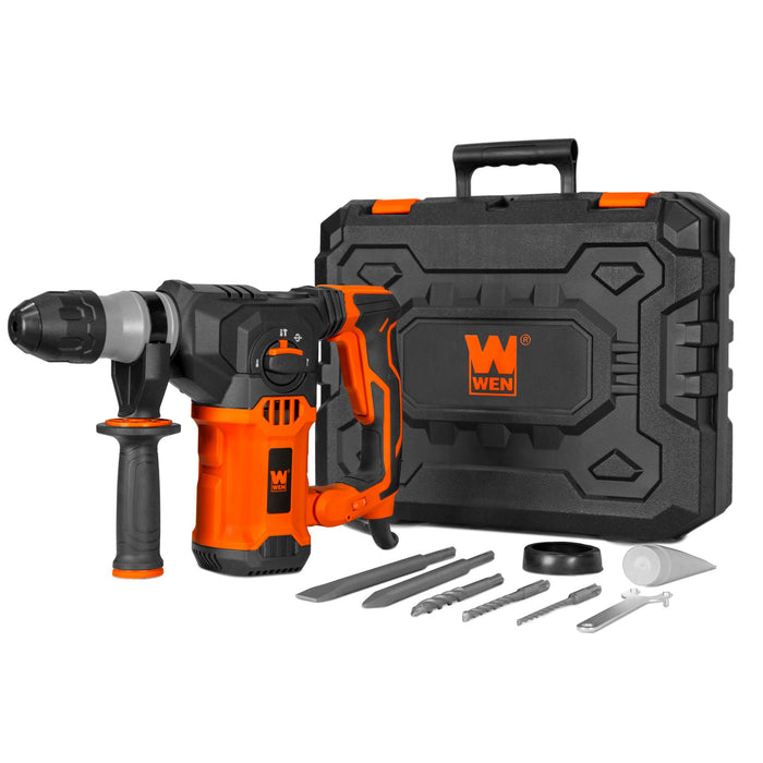 WEN RH1042 12-Amp 1-3/16-Inch Variable Speed SDS Plus Corded Rotary Hammer Kit with Case, Chisels, and Drill Bits