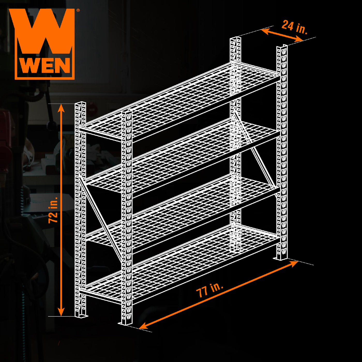 4m Steel Rack WEN RK7724-4 Four-Tier Industrial Steel Storage Rack with Adjustable S ...