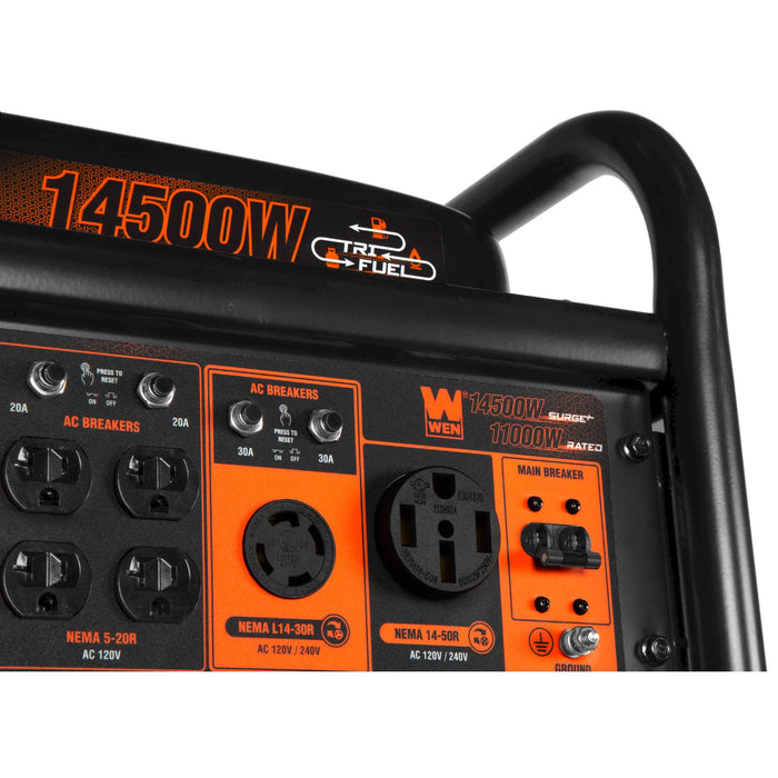 WEN TF-1450X 14,500-Watt 120V/240V Tri-Fuel Generator for Gas, Propane, and Natural Gas, Transfer-Switch Ready with Electric Start, Wheel Kit, and CO Watchdog