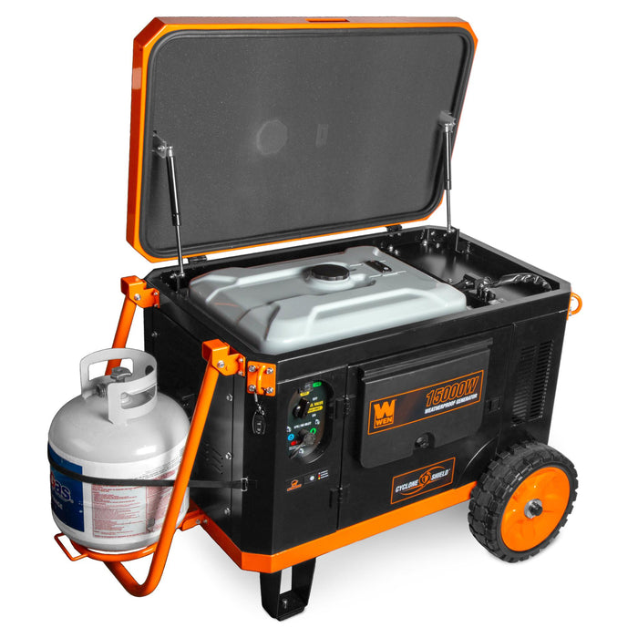 WEN TF1500XR 15,000-Watt Weatherproof Portable Generator for Home Backup, 120V/240V, Tri-Fuel with Cyclone Shield Weatherproofing Technology, 550cc Engine, Remote Electric Start, Wheel Kit, and CO Watchdog, Gas, Propane, and Natural Gas Powered