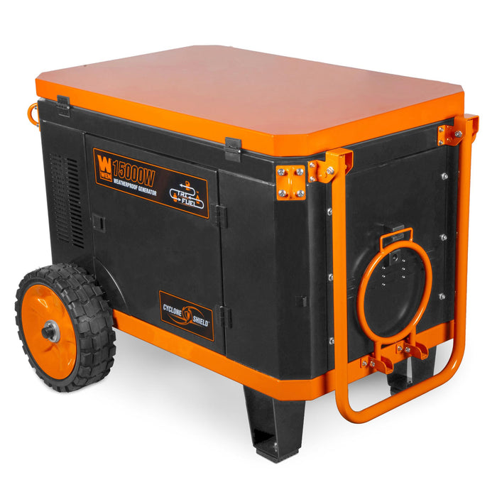 WEN TF1500XR 15,000-Watt Weatherproof Portable Generator for Home Backup, 120V/240V, Tri-Fuel with Cyclone Shield Weatherproofing Technology, 550cc Engine, Remote Electric Start, Wheel Kit, and CO Watchdog, Gas, Propane, and Natural Gas Powered