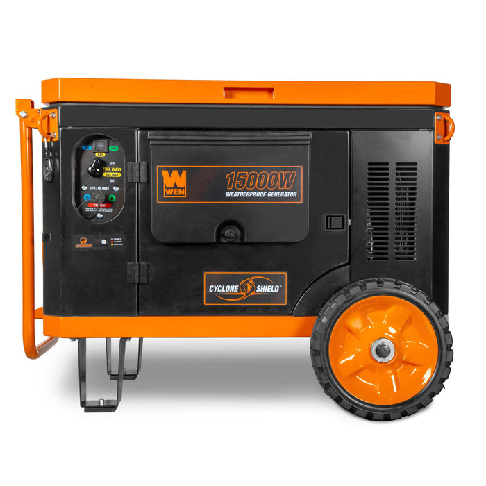 WEN TF1500XR 15,000-Watt Weatherproof Portable Generator for Home Backup, 120V/240V, Tri-Fuel with Cyclone Shield Weatherproofing Technology, 550cc Engine, Remote Electric Start, Wheel Kit, and CO Watchdog, Gas, Propane, and Natural Gas Powered