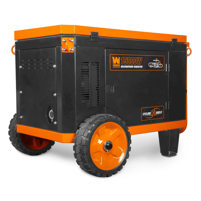 WEN TF1500XR 15,000-Watt Weatherproof Portable Generator for Home Backup, 120V/240V, Tri-Fuel with Cyclone Shield Weatherproofing Technology, 550cc Engine, Remote Electric Start, Wheel Kit, and CO Watchdog, Gas, Propane, and Natural Gas Powered