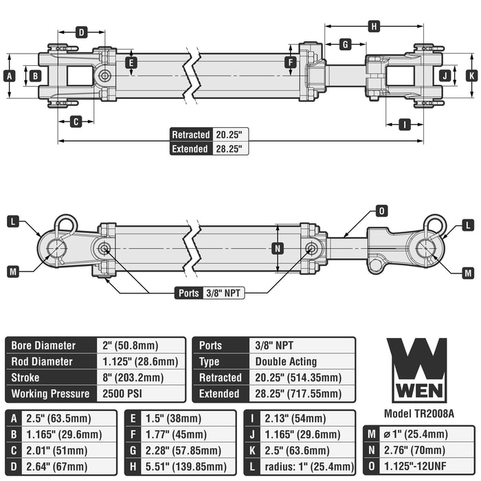 WEN TR-2008A 2500 PSI ASAE Tie Rod Hydraulic Cylinder with 2 in. Bore and 8 in. Stroke
