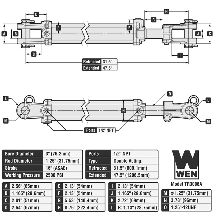 WEN TR-3016A 2500 PSI ASAE Tie Rod Hydraulic Cylinder with 3 in. Bore and 16 in. Stroke