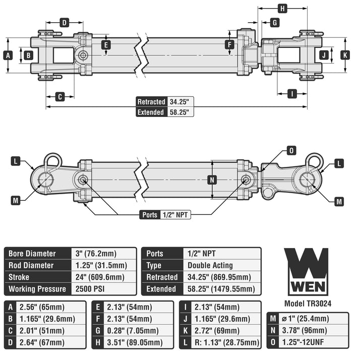 WEN TR-3024 2500 PSI Tie Rod Hydraulic Cylinder with 3 in. Bore and 24 in. Stroke