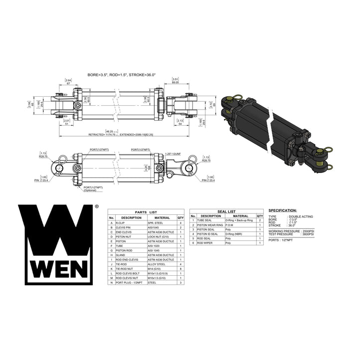 WEN TR-3536 2500 PSI Tie Rod Hydraulic Cylinder with 3.5 in. Bore and 36 in. Stroke