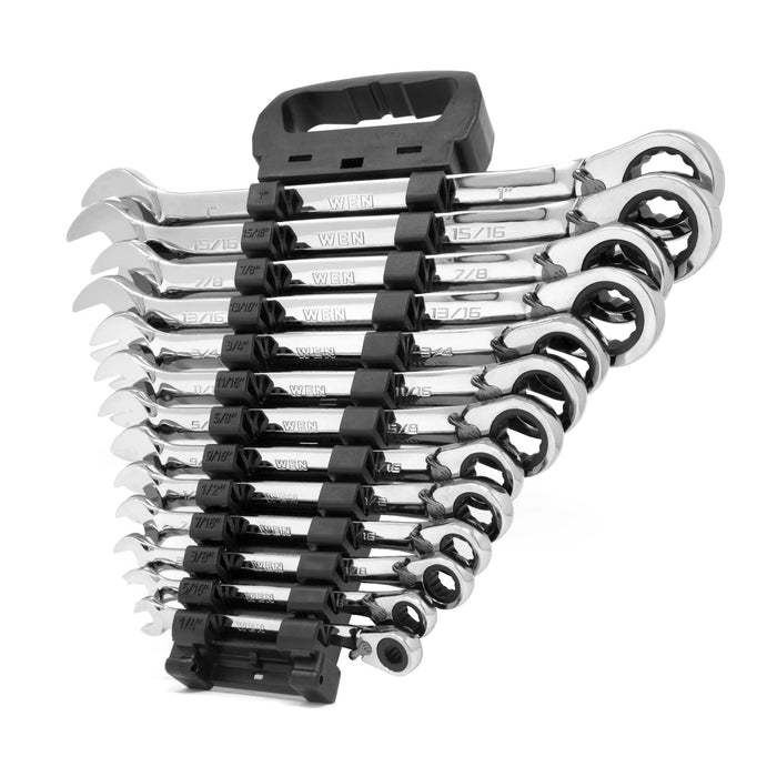 WEN WR132 13-Piece Professional-Grade Reversible Ratcheting SAE Combination Wrench Set with Storage Rack