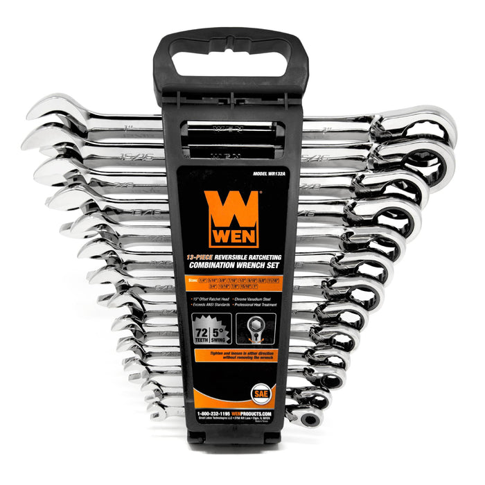 WEN WR132 13-Piece Professional-Grade Reversible Ratcheting SAE Combination Wrench Set with Storage Rack