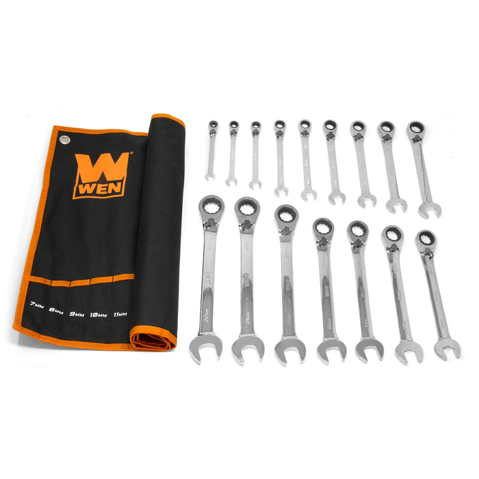 WEN WR162 16-Piece Professional-Grade Reversible Ratcheting Metric Combination Wrench Set with Storage Pouch