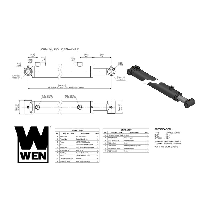 WEN WT-1512 Cross Tube Hydraulic Cylinder with 1.5-inch Bore and 12-inch Stroke