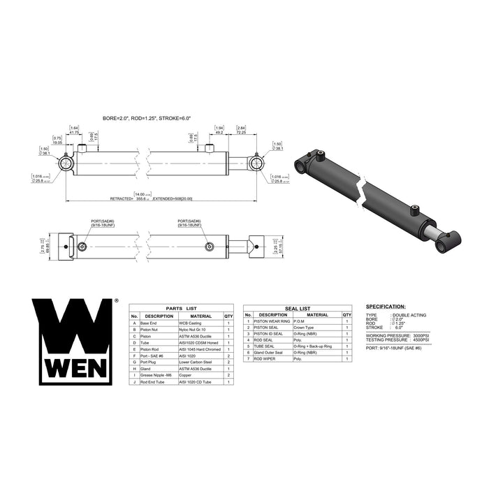 WEN WT-2006 Cross Tube Hydraulic Cylinder with 2-inch Bore and 6-inch Stroke