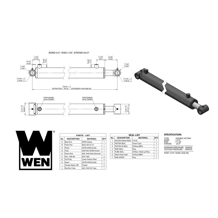 WEN WT-2024 Cross Tube Hydraulic Cylinder with 2-inch Bore and 24-inch Stroke
