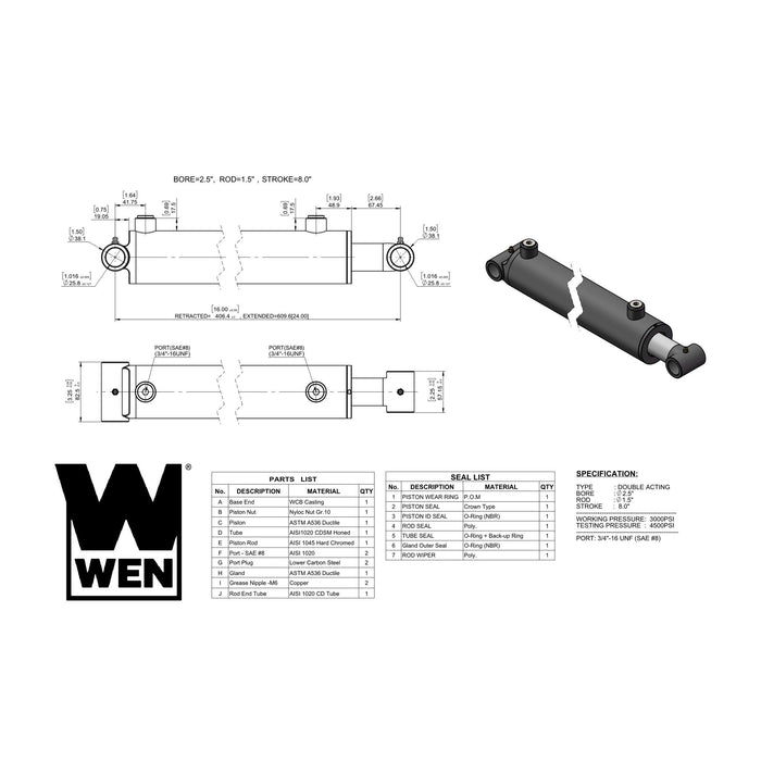 WEN WT-2508 Cross Tube Hydraulic Cylinder with 2.5-inch Bore and 8-inch Stroke
