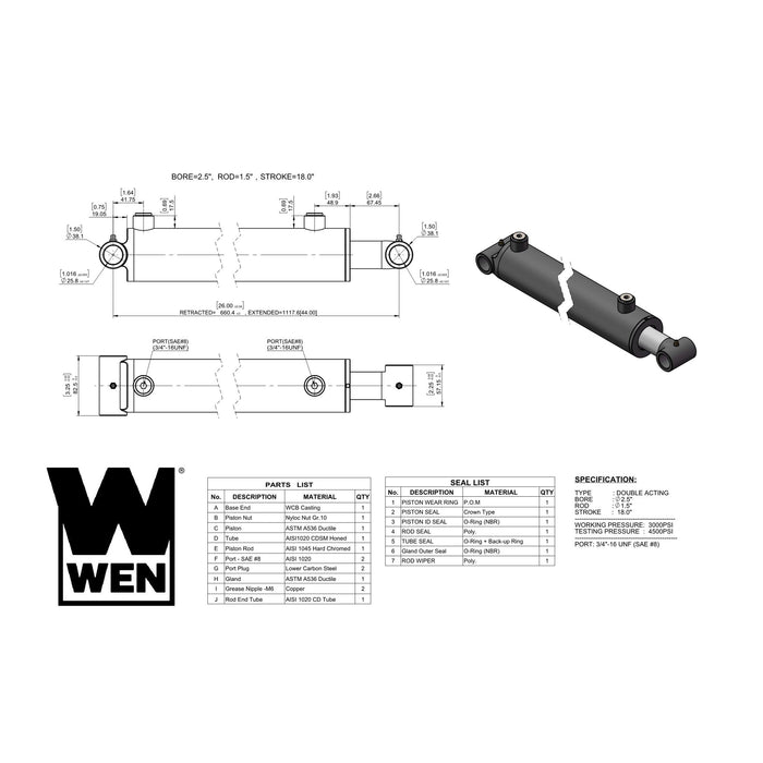 WEN WT-2518 Cross Tube Hydraulic Cylinder with 2.5-inch Bore and 18-inch Stroke