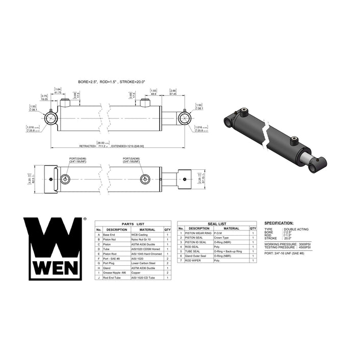 WEN WT-2520 Cross Tube Hydraulic Cylinder with 2.5-inch Bore and 20-inch Stroke
