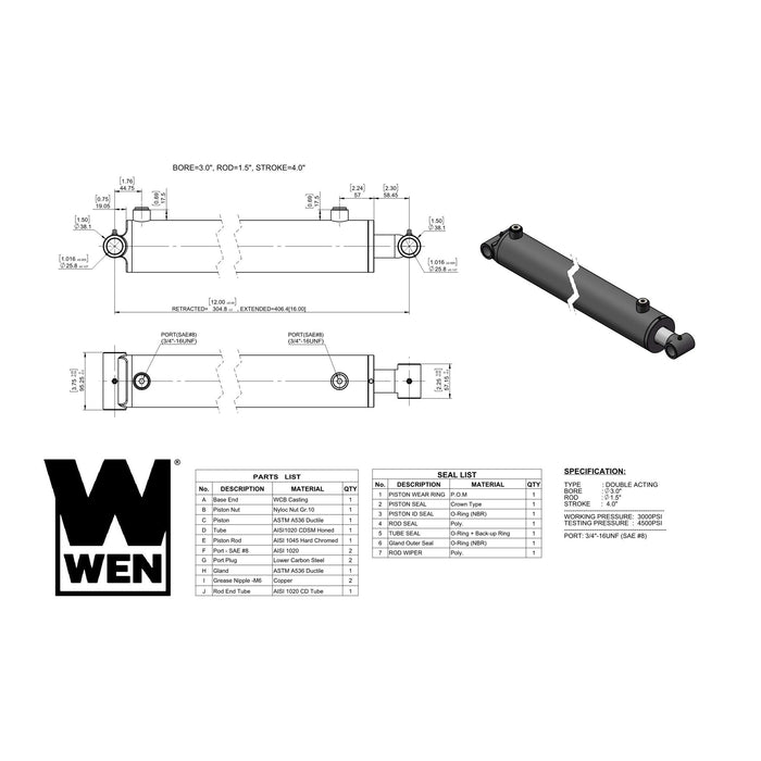 WEN WT-3004 Cross Tube Hydraulic Cylinder with 3-inch Bore and 4-inch Stroke
