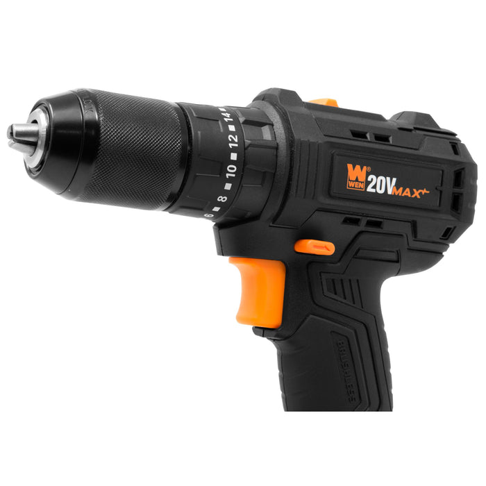 WEN 20121 20V Max Brushless Cordless 1/2-Inch Hammer Drill and Driver with 2.0 Ah Lithium-Ion Battery and Charger