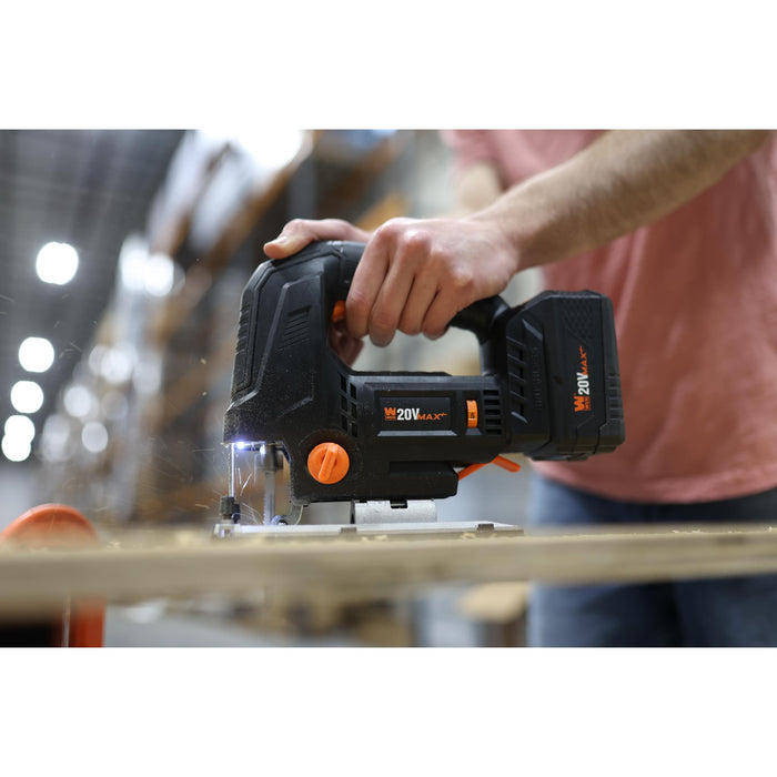 WEN 20670 20V Max Cordless Brushless Auto-Speed Jigsaw with 4.0Ah Lithium Ion Battery and Charger