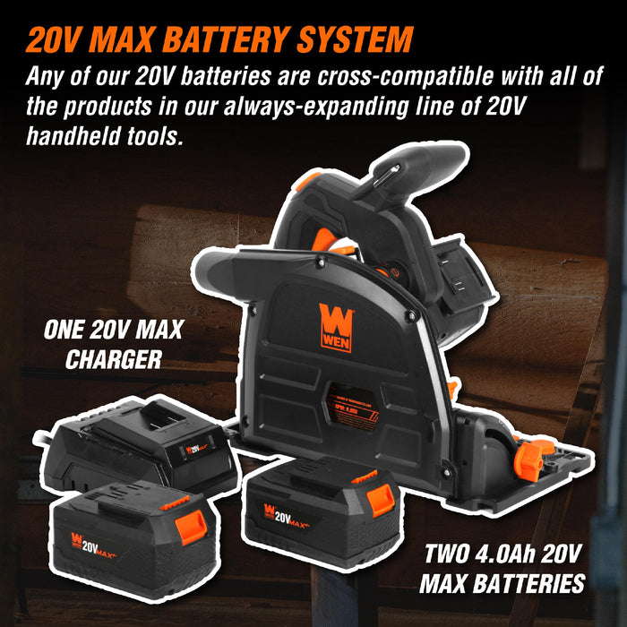 WEN 20691 20V Max 6.5-Inch Cordless Brushless Plunge Cut Variable Speed Track Saw with Two 4.0 Ah Batteries and Charger