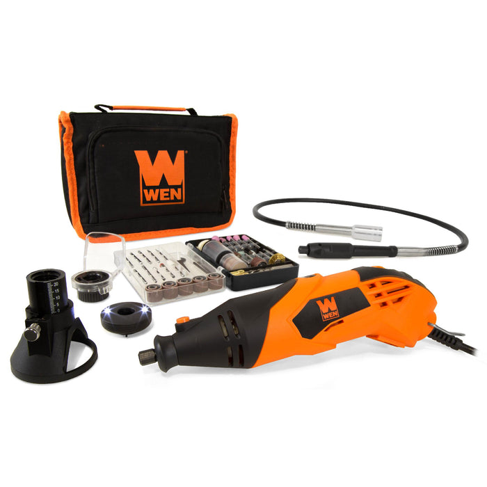 WEN 23114 1.4-Amp High-Powered Variable Speed Rotary Tool with Cutting Guide, LED Collar, 100+ Accessories, Carrying Case and Flex Shaft