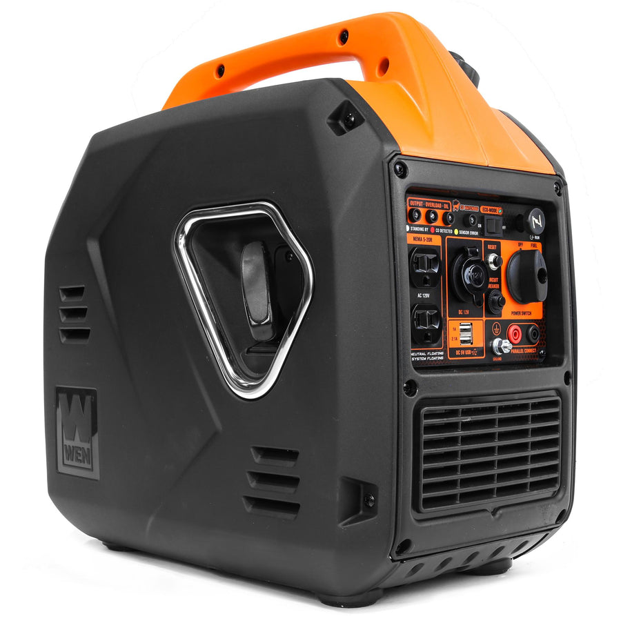 Black and orange enclosed inverter generator on a plain white background, angled to show the recessed control panel on its short face: a pair of stacked 5-20R household outlets on the left, a covered DC socket and a two-port USB block in the centre, a rotary power and fuel selector with a circuit-breaker reset on the right, red and black parallel-connection binding posts and a ground screw below, and an indicator strip with an eco-mode toggle across the top. An orange fold-over carry handle runs across the top, a chrome-trimmed recessed pull-start grip sits on the side panel, and a louvred exhaust vent is at lower right. Rubber feet, no wheels.